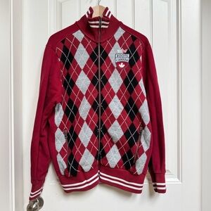 Vintage Roots Red, Grey, Black & White Argyle Collegiate Zip Up Sweater. Small